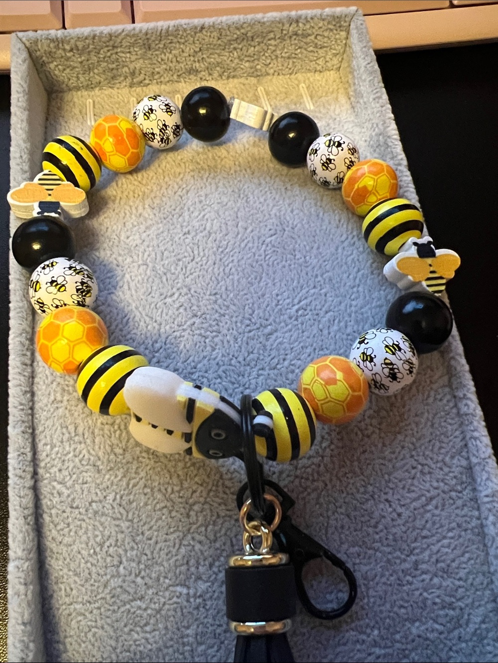 Bee Motif Yellow, Black & White Beaded key wristlet for Women